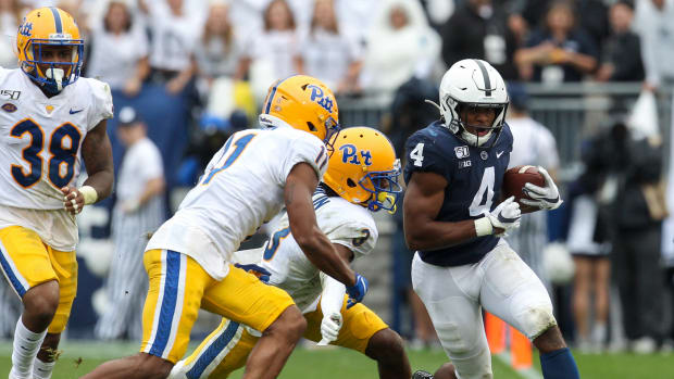 Sep 14, 2019; University Park, PA, USA; Penn State Nittany Lions running back Journey Brown (4) runs the ball against the Pittsburgh Panthers during the third quarter at Beaver Stadium. Credit: Matthew O'Haren-USA TODAY Sports